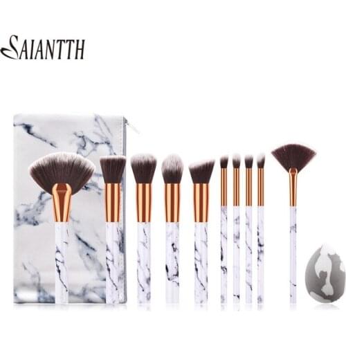 SAIANTTH 10pcs marble Fan makeup brushes set professional face eye cosmetic tool foundation eyeshadow brush kit with bag puff