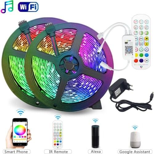 New WiFi Music Control Luces LED Strip Light 20M RGB 5050 SMD 2835 Flexible Ribbon Tape Diode DC12V Adapter for Home Decoration