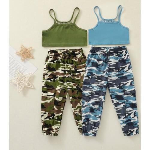 FOCUSNORM 0-6Y Summer Fashion Kids Girls Clothes Sets 2pcs Strap Sleeveless Solid Vest Tops Camouflage Pants