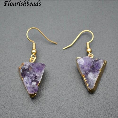 Natural Druzy Amethyst Triangle Shape Stone Dangle Earrings Fashion Woman Jewelry