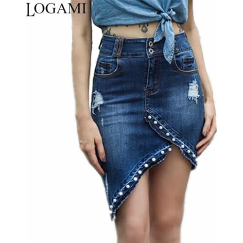 LOGAMI Pearl Ripped Denim Skirts Womens Irregular High Waist Pencil Skirt Woman Spring Summer Mini Jean Skirt