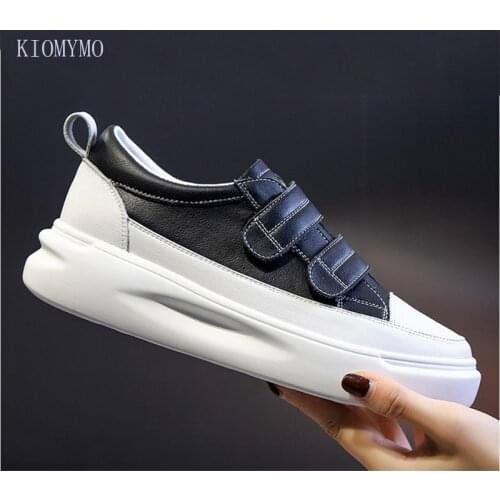 Little White Shoes Women Autumn 2021 New Thick-Soled Shallow Mouth Leather Womens Shoes With Velcro Casual Flat Shoes Women