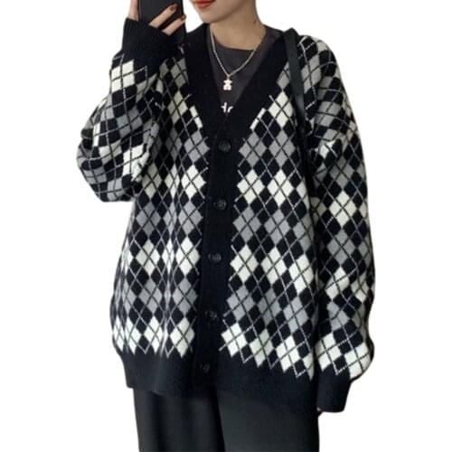 Womens Button Down Knit Sweater Long Sleeve V Neck Argyle Print Loose Cardigan Coat