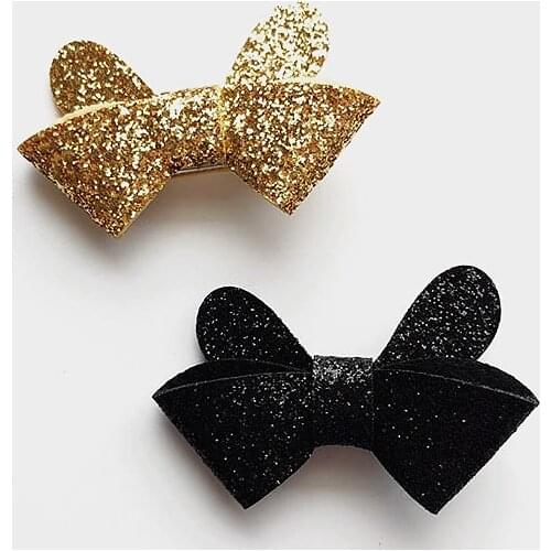 20pc/lot Gold Bows Hair Shining Kids Hairpin Black Bowknot Girls Hair Clips 7cm Bow Rabbit Ears Bowknot Kids Glitter Hair Wear