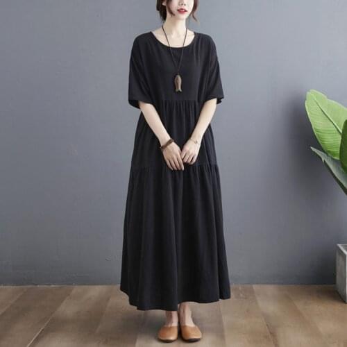 2021 New Arrival Short Sleeve Loose Summer Dress Patchwork Cotton Linen Black Dress Plus Size Women Travel Casual Dress Robes