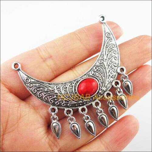 2 New Moon Charms Tibetan Silver Red Waterdrop Tassels Pendants Retro 54mm