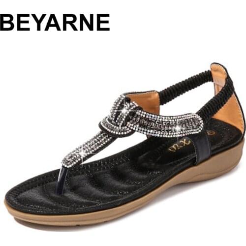 BEYARNEWomen sandals 2020 summer t-type style sandals comfortable bling bling crystal vacation beach casual elastic cord sandals