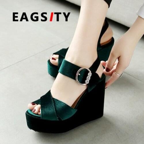 EAGSITY summer sandals Velvet fashion wedges platform ankle strap rhinestone decoration wedding party pumps 11cm high heel