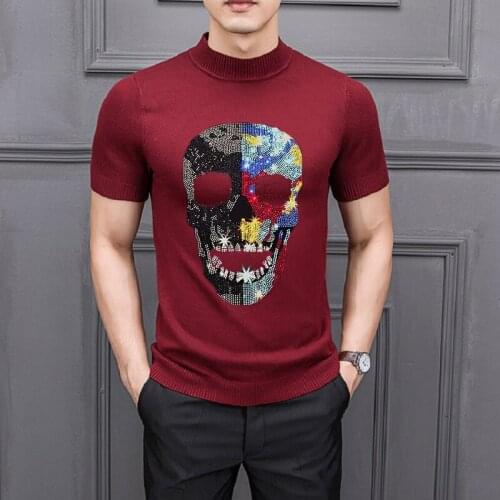 Brand Design Mens Turtleneck Sweater Slim Summer Short Sleeve Hot Sale Knitted T-Shirt Winter Skull Pullover