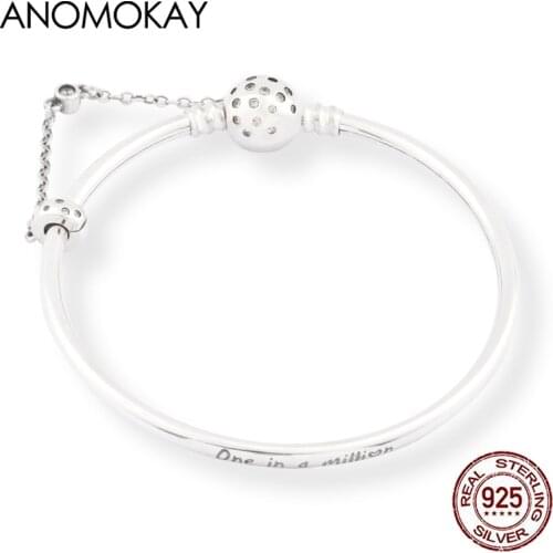 European & American HOT 100% Sterling 925 Silver Basic Bracelet Bangle with Safety Chain White CZ DIY Bangle Jewelry Bijoux Gift