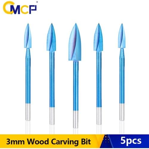 CMCP Milling Cutter 5pcs Wood Carving Bit 3mm Shank Wood Engraving Drill Bit Nano Blue Coated Woodworking Drilling Tools