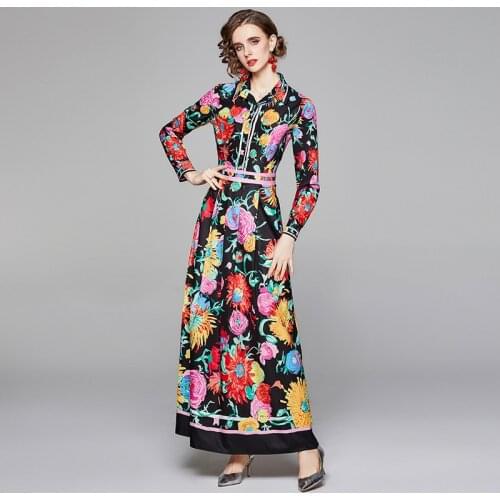 JSXDHK Elegant Ladies Boho Maxi Holiday Dress Runway Summer Womens Flower Printed Shirt Collor Full Sleeve Ball Gown Long Dress