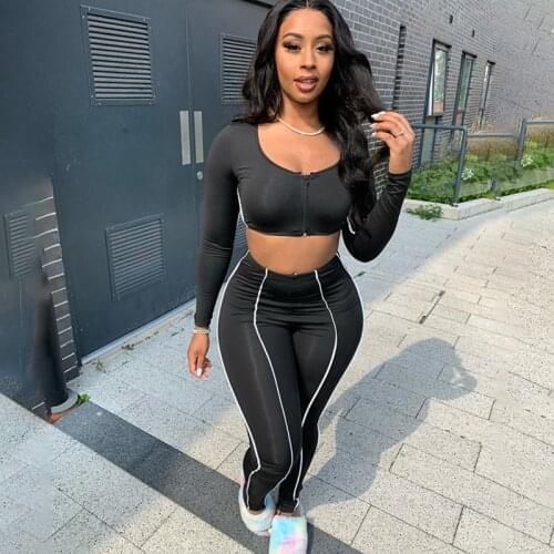 Two Piece Set Crop Top and Women 's Pants Trousers Patchwork Casual Streetwear Women Front Zipper Long Sleeve Autumn