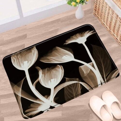 Flower Bath Mat Abstract Tulip Floral Plant Black Pattern Non-slip Rug Flannel Home Decor Bathroom Kitchen Entrance Aisle Carpet