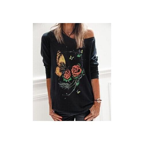 Summer Women Long Sleeve T-Shirt Fashion Loose Casual Shirt Butterfly Printing Clothing