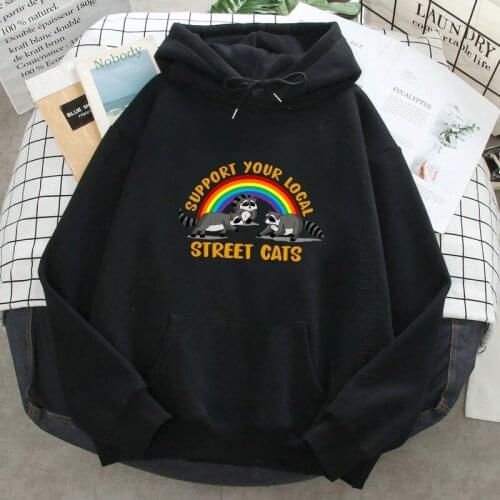 Man Hoodies Support Your Local Street Cats Print Hooded Tops Streetwear Mens Autumn Warm Daily Casual Sweatshirt Hoody