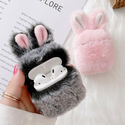 Soft Rabbit Ear Fur Case for Airpods 1 2 Wireless Charging Fluffy Box with Carabiner Plush Cover for Airpod Case Cover Cute