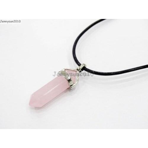 Natural Rose Quart-z Gems Stone Hexagonal Pointed Healing Reiki Chakra Pendant Black Leather Cord Necklace 18''lnch 5 Sets/Pack