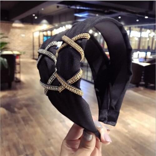 New fashion boutique hair accessories fabric diamond cross knot knot wide side headband drill strip bow slip hairband for women