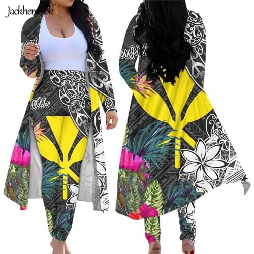 Jackherelook Hawaiian Style 2 Piece Outfits Kanaka Maoli Hibiscus Floral Print Long Sleeve Open Front Cardigan Bodycon Leggings
