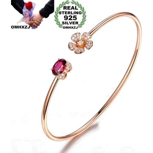 OMHXZJ Wholesale European Fashion Woman Girl Party Wedding Gift Rose Gold Flower AAA Zircon 925 Sterling Silver Cuff Bangle BA68