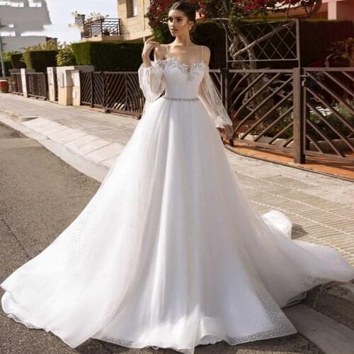 Eightree Long Puff Sleeve A-Line Wedding Dresses Sweetheart Lace Appliques Bridal Dress Backless Straps Vestidos de Novia
