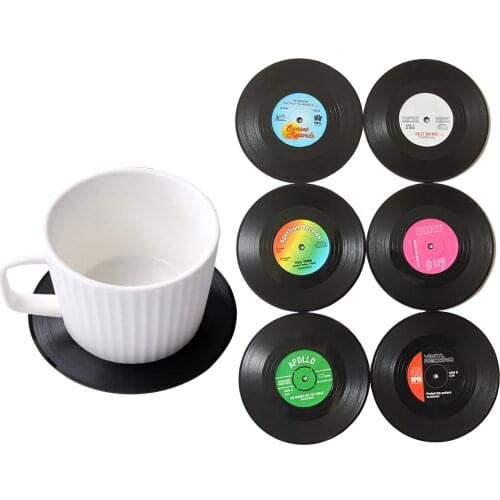 6PCS Retro Vinyl Coasters Vintage Round Disk Placemat Table Decorative Vinyl Coaster Plastic Nonslip Record Cup Mat Table Decor