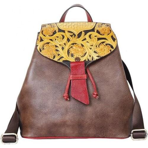 YourSeason 2021 Luxury Female Handmade Cow Leather Backpack Vintage Embossing Floral Women Travel Bags