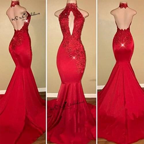Sexy Backless Prom Dresses 2018 Red Burgundy Lace Formal Courte Long Evening Gowns High Neck Fishtail Abiti da Cerimonia Donna