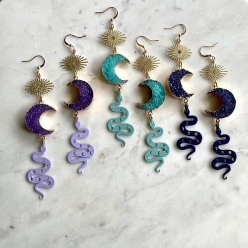 Crescent Moon & Lunar Serpent Snake Earrings Gold Plated Earrings Punk Earrings, Dangle Moon and Snake Earrings