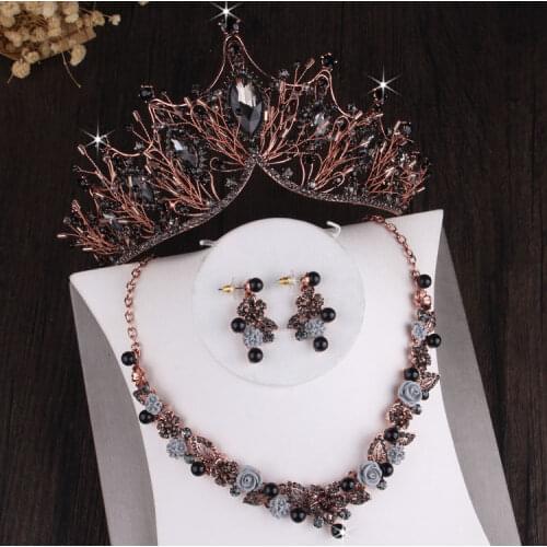 Baroque Black Crystal Flowers Bridal Jewelry Sets Wedding Crown Tiaras Earrings Choker Necklaces Set African Beads Jewelry Set