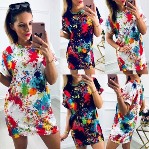 Tie dye t shirt dresses for women 2021 loose black white short sleeve crew neck summer mini tshirt dress vestidos c87