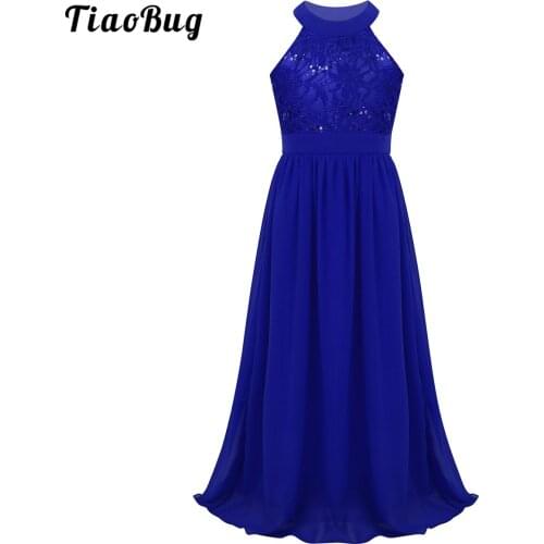 TiaoBug Kids Sleeveless Halter Embroidery Lace Cutouts Back Flower Girl Dress For Princess Pageant Wedding Bridesmaid Party