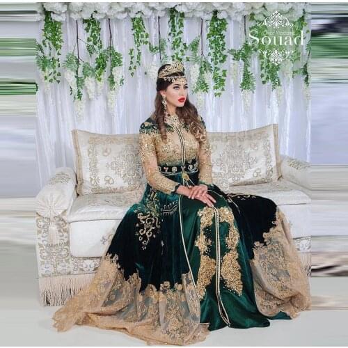 Green Moroccan Kaftan Caftan Muslim Evening Dresses A-line Long Sleeve Appliques Beading Dubai Arabic Turkey Abaya Islamic Gown