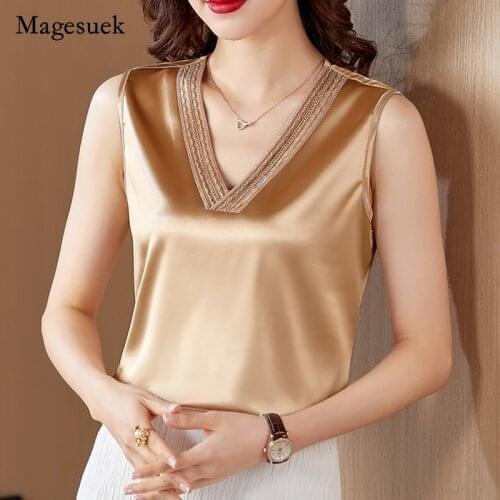 Summer 2021 Fashion Women Silk Blouse Solid V-neck Loose Lace Satin Tops Elegant Plus Size Sleeveless Satin Blouse Blusa 14797