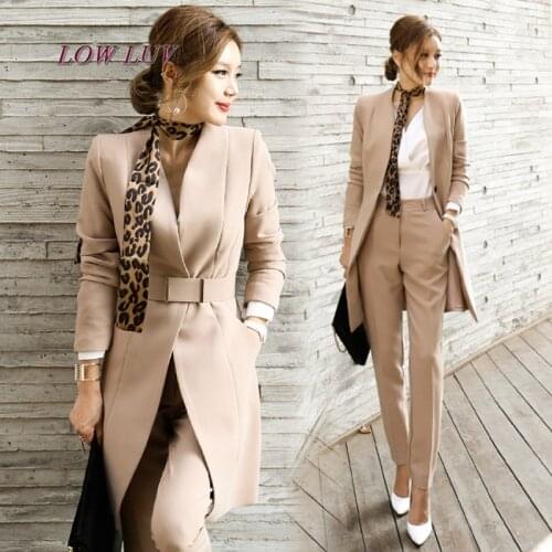2 Pcs Suit Set Blazer + Pants Suit 2017 Blazer Feminino Spring Elegant Business Work Jackets Ladies Black OL Long Blazers Set AL