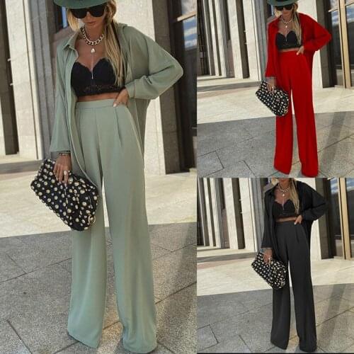 Women Set Solid Sun Protection Clothing Full Lantern-sleeve Casual Loose Blouse Slim Long-length Wide-leg Pants Office Lady Suit