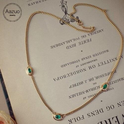 Aazuo 18K Yellow Gold Natural Blue Saphire Emerald Real Diamonds Lovely Oval Choker 43CM Necklace gifted for Women Au750 18 Inch