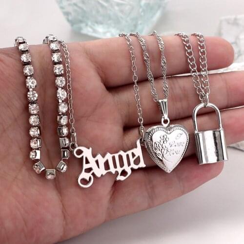 Flatfoosie Punk Silver Color Angel Letter Metal Pendant Necklace For Women Multi-layer Heart Lock Crystal Chain Necklace Jewelry