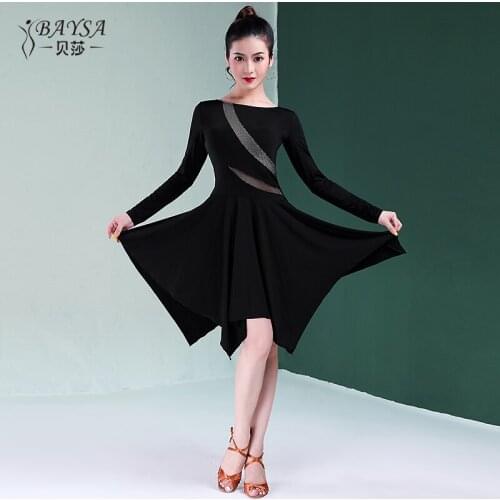 New Fashion Black Long Sleeves Dancing Dress with U-neck Back Ballroom Latin Stage Show Costumes Women Dance Chacha Rumba B0096
