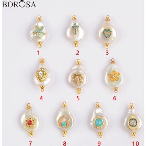 BOROSA 10Pcs Gild Natural Pearl with Multi CZ Connector Freshwater Pearl Double Charms & Rainbow CZ for Bracelet Jewelry G1903