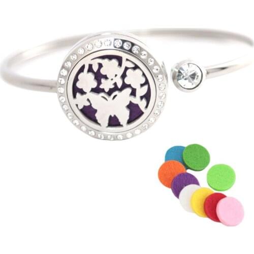 Aromatherapy locket butterfly Bracelet Bangle 25mm Magnet Crystal Stainless steel essential oil diffuser locket bracelet