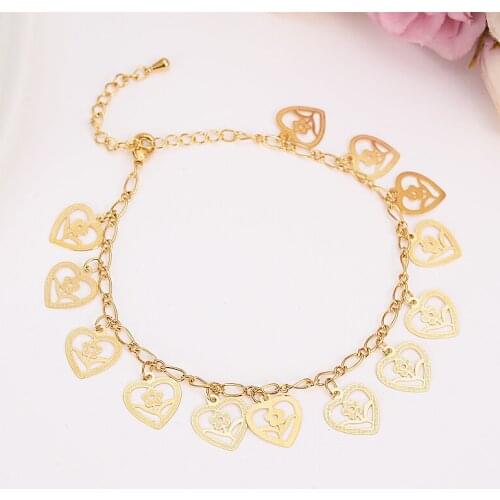 25cm length gold ColorCharm Bracelet Bangle with love heart flowerPendant Women Wedding Valentines Day Gift gold jewelry anklet