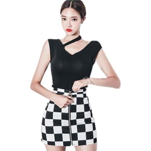 2 Piece Set Summer Black Plaid V-neck Sleeveless Sundress Sexy Party Bandage Plaid Mini Dresses Womens 2017 Vestidos Mujer Longe