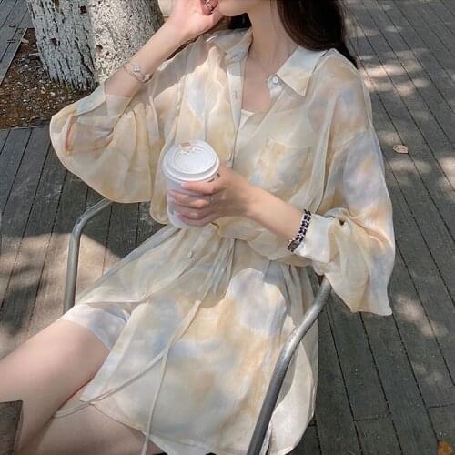 2 Pieces Sets Women Outfits Summer Sun-proof Chiffon All-match Tie Dye Loose Casual Shorts Street Ulzzang Fashion College Daily