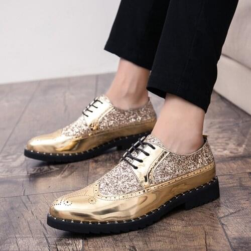 Fashion men footwear leather shoes Men Dress Shoes wedding business Bullock Designer black Gold Oxfords Bling Bling