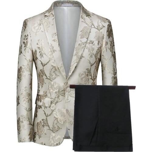 2021 Gold Floral Men Wedding Suits 2 Pcs Fashion Notch Lapel Slim Fit Tuxedo Groom Costume Homme Terno Masculino Slim Fit Blazer