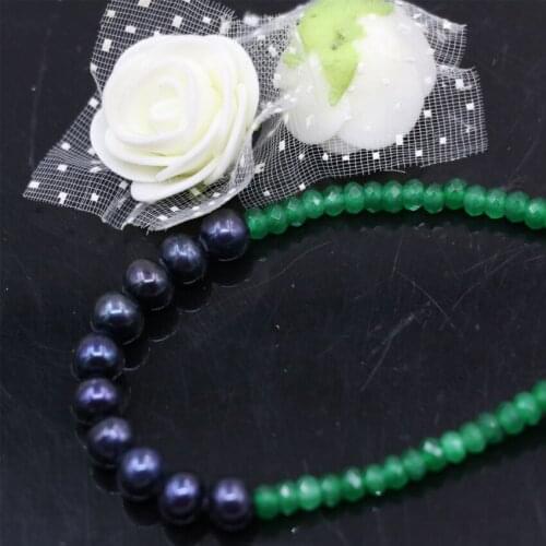 Natural black pearl 7-8mm approx round 2*4mm abacus green chalcedony jades beads beaded strand bracelet jewelry 7.5inch B2933