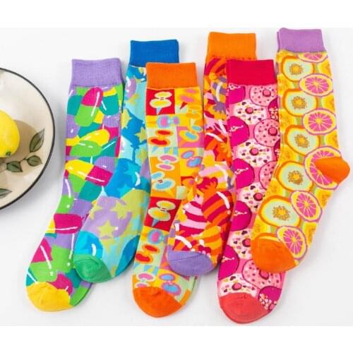 Socks Women Fashion Harajuku Fruit Candy Japanese Retro Bright Colors Lemon Balloon Stockings Couple Cotton Sports Long Socks
