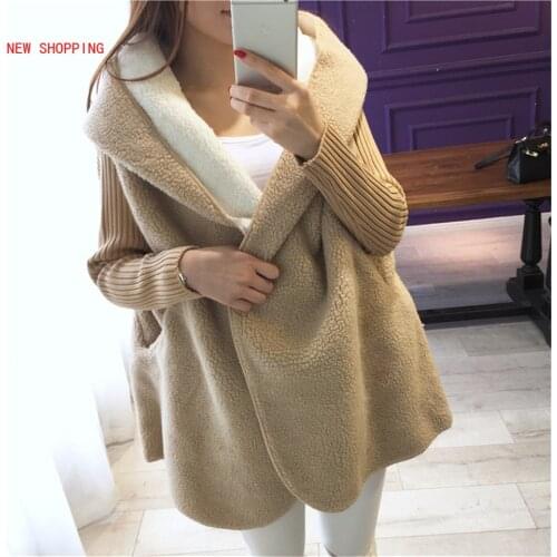 2020 New Arrival Loose Lamb Wool Coats Warm Cardigan Solid Color Hooded Long Fashion Coat Knitted Sleeve Stitching Thick Jacket